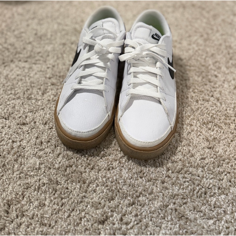 Nike White Sneakers with Black Swoosh and Gum Sole